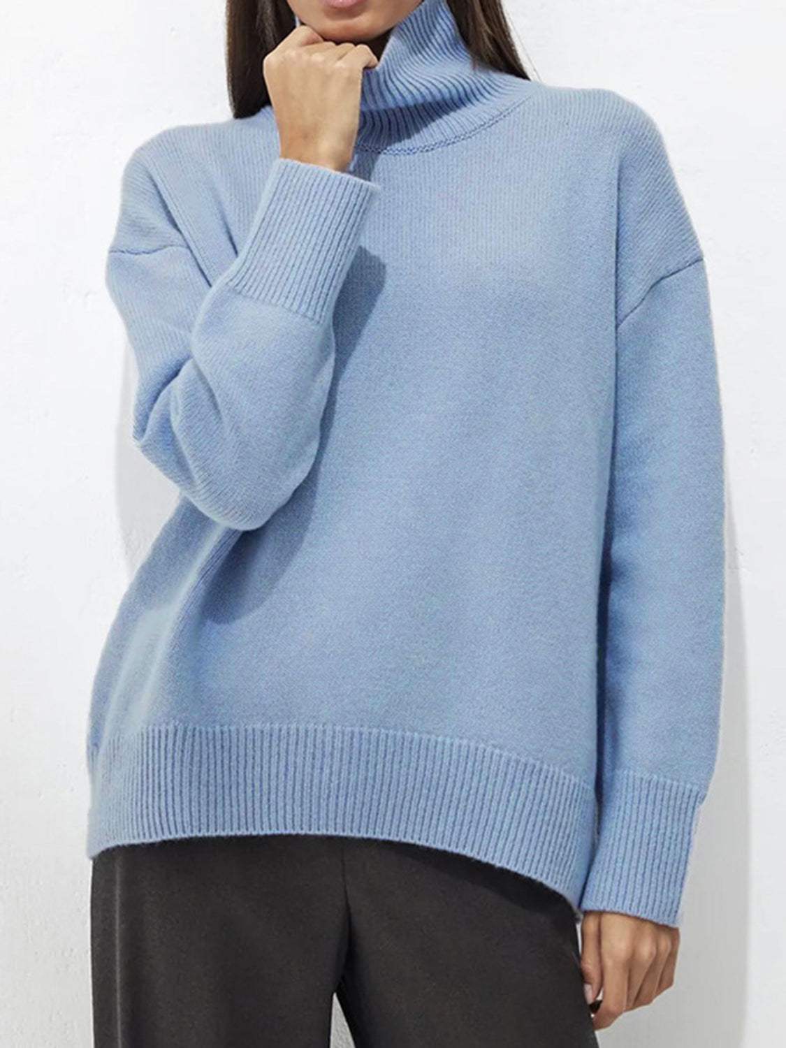 Ribbed Detail Turtleneck Dropped Shoulder Sweater - Trendsi - Flyclothing LLC