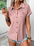 Pleated Detail Collared Neck Short Sleeve Shirt - Trendsi - Flyclothing LLC