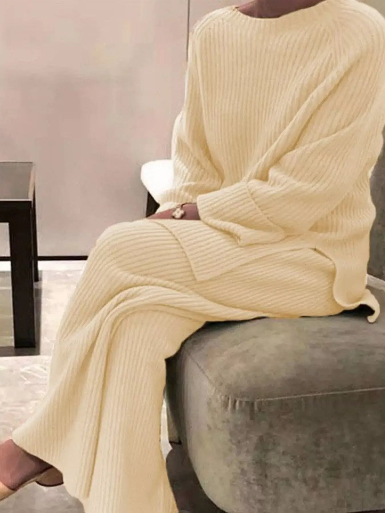 Full Size Ribbed Knit Relaxed Fit Top and Pants Sweater Set Plus Size - Trendsi - Flyclothing LLC