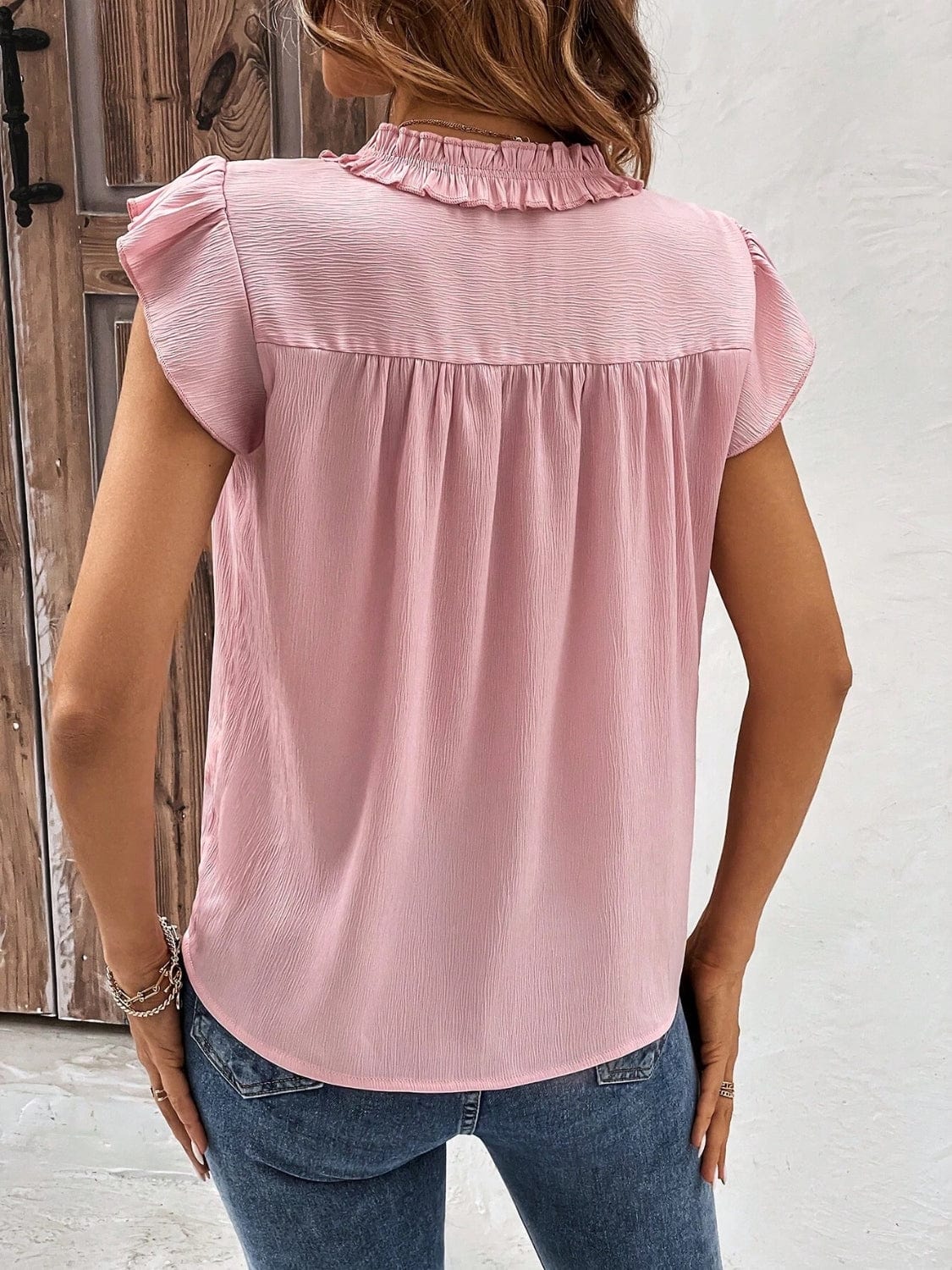 Notched Cap Sleeve Blouse - Trendsi