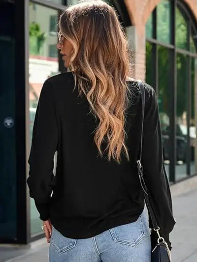 Round Neck Smocked Lantern Sleeve T-Shirt - Trendsi - Flyclothing LLC