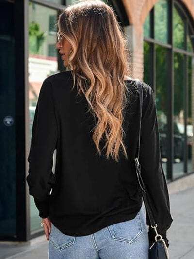 Round Neck Smocked Lantern Sleeve T-Shirt - Trendsi - Flyclothing LLC