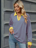 Striped Johnny Collar Long Sleeve Sweatshirt - Trendsi - Flyclothing LLC