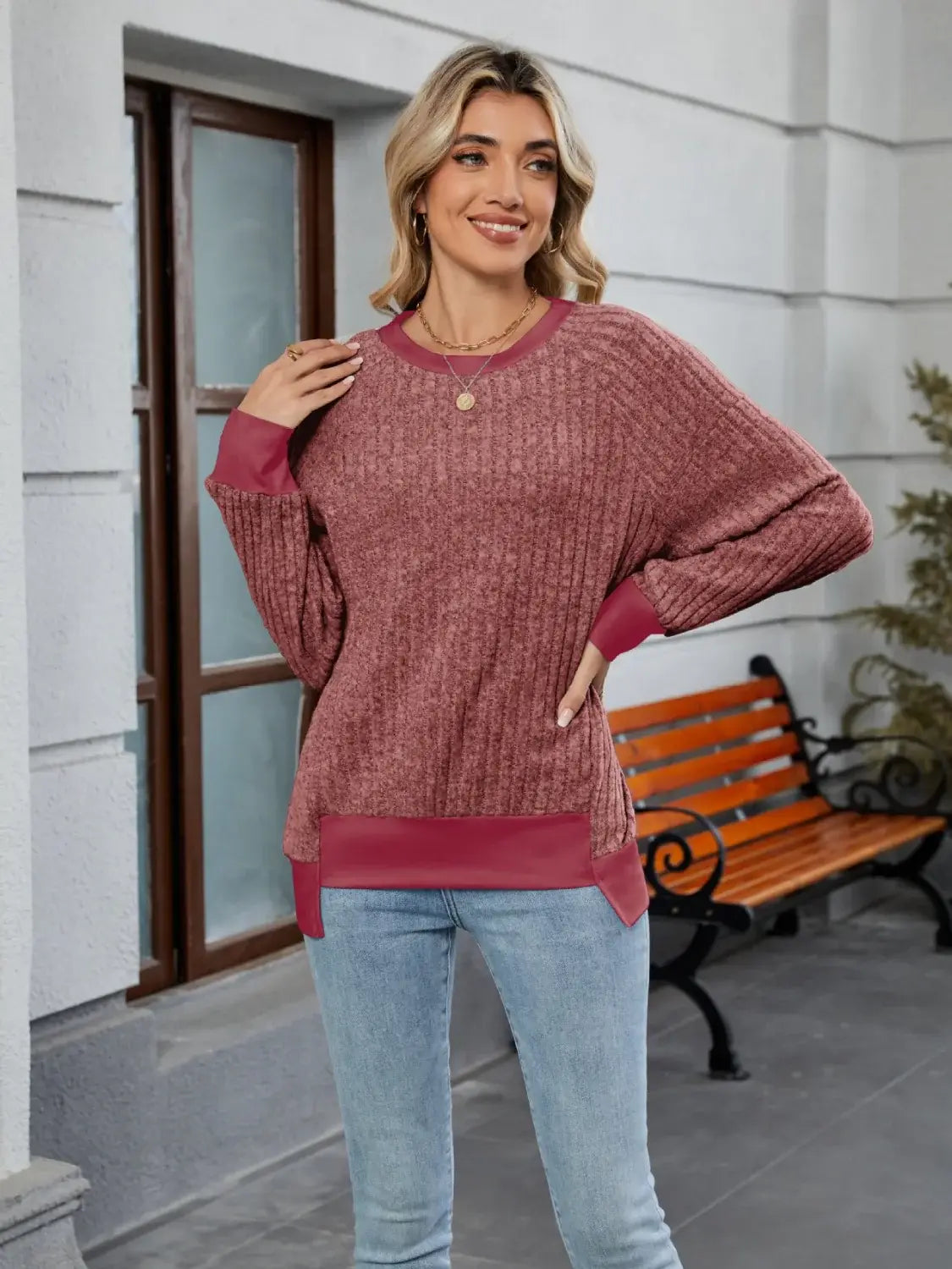 Contrast Trim Round Neck Long Sleeve T-Shirt - Trendsi - Flyclothing LLC