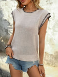 Perfee Contrast Trim Round Neck Cap Sleeve Knit Top - Trendsi