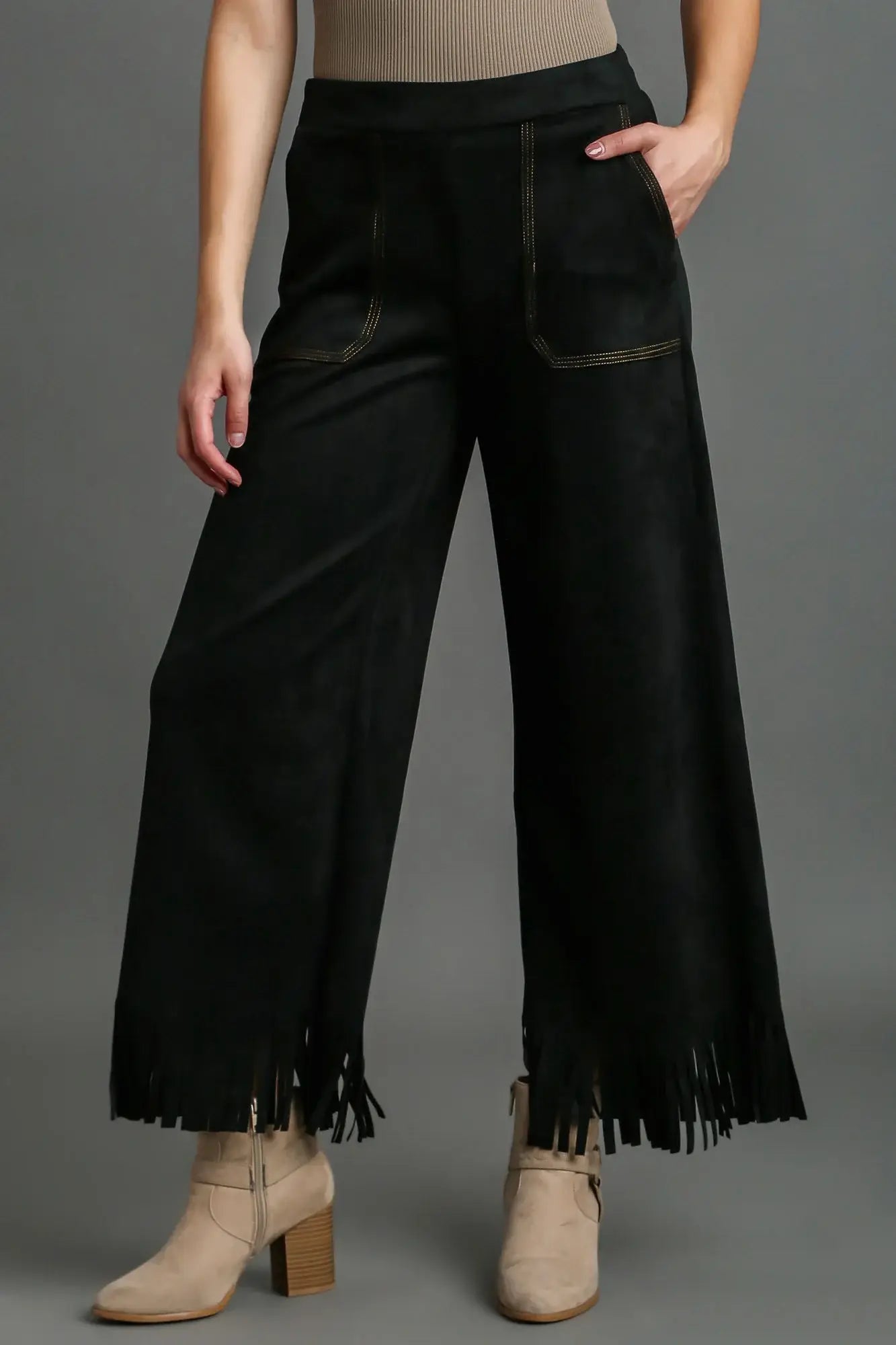 Umgee Full Size Suede Fringe Hem Wide Leg Pants Plus Size - Trendsi - Flyclothing LLC