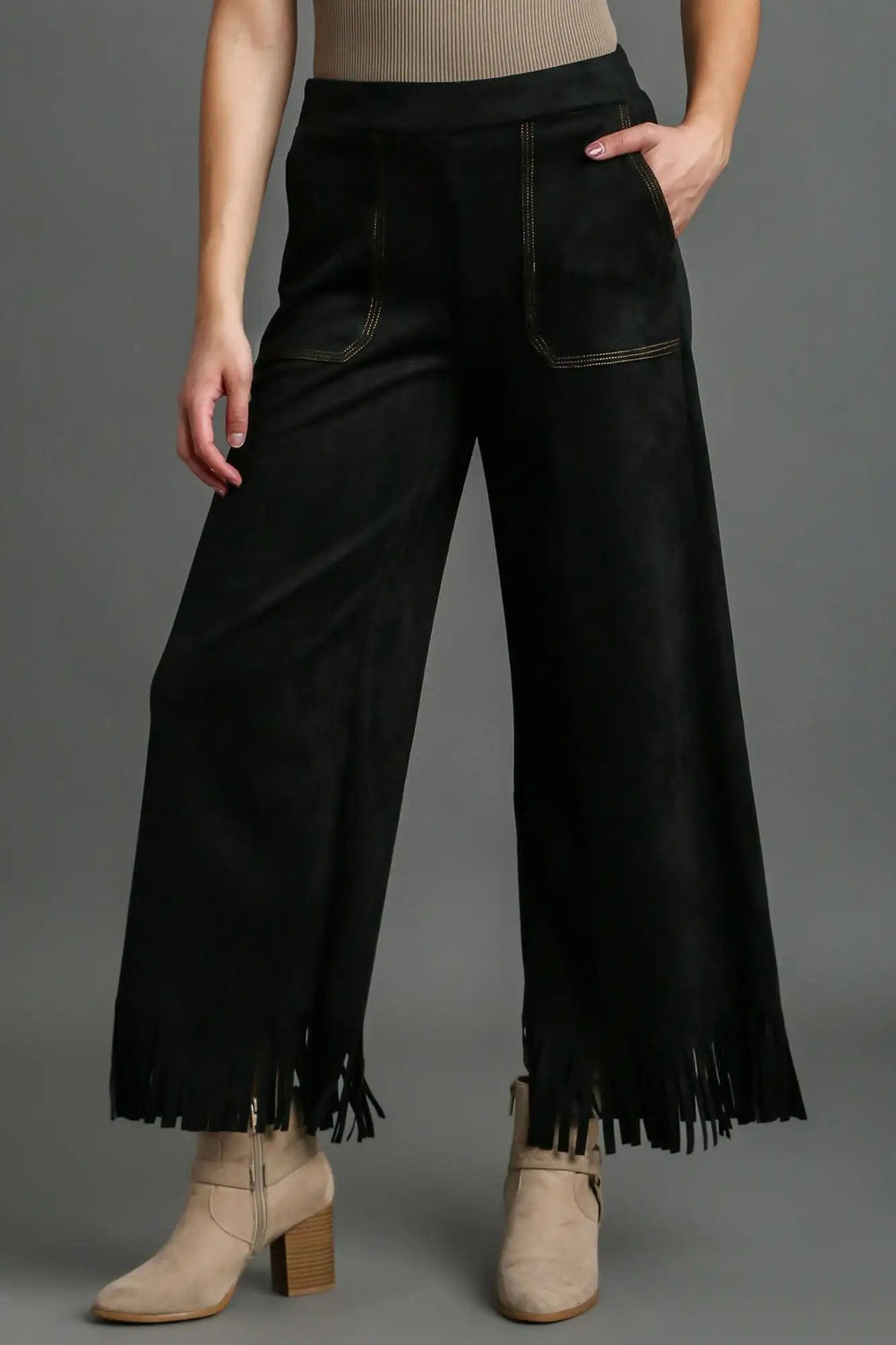 Umgee Full Size Suede Fringe Hem Wide Leg Pants Plus Size - Trendsi