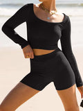 Scoop Neck Long Sleeve Top and Shorts Set - Trendsi - Flyclothing LLC