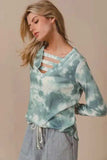 BiBi Variegated Tie Dye Rib V-Neck Top with Strapped - Trendsi - Flyclothing LLC