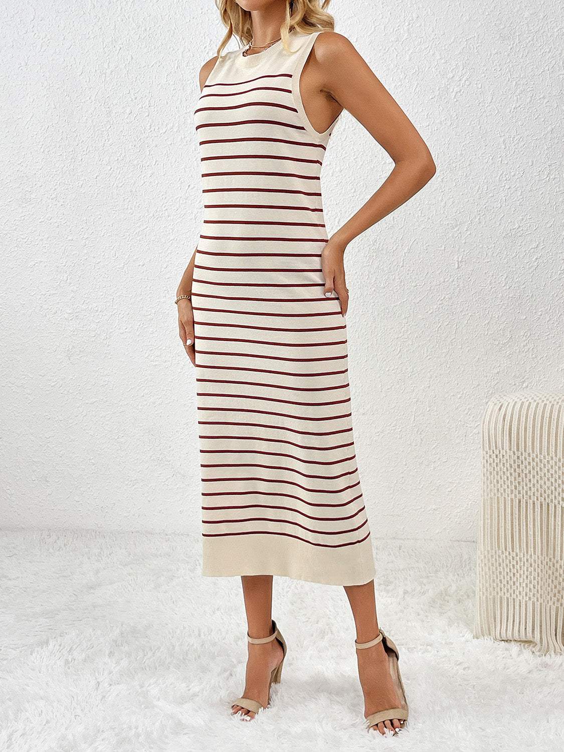 Round Neck Sleeve Midi Knit Dress - Trendsi - Flyclothing LLC