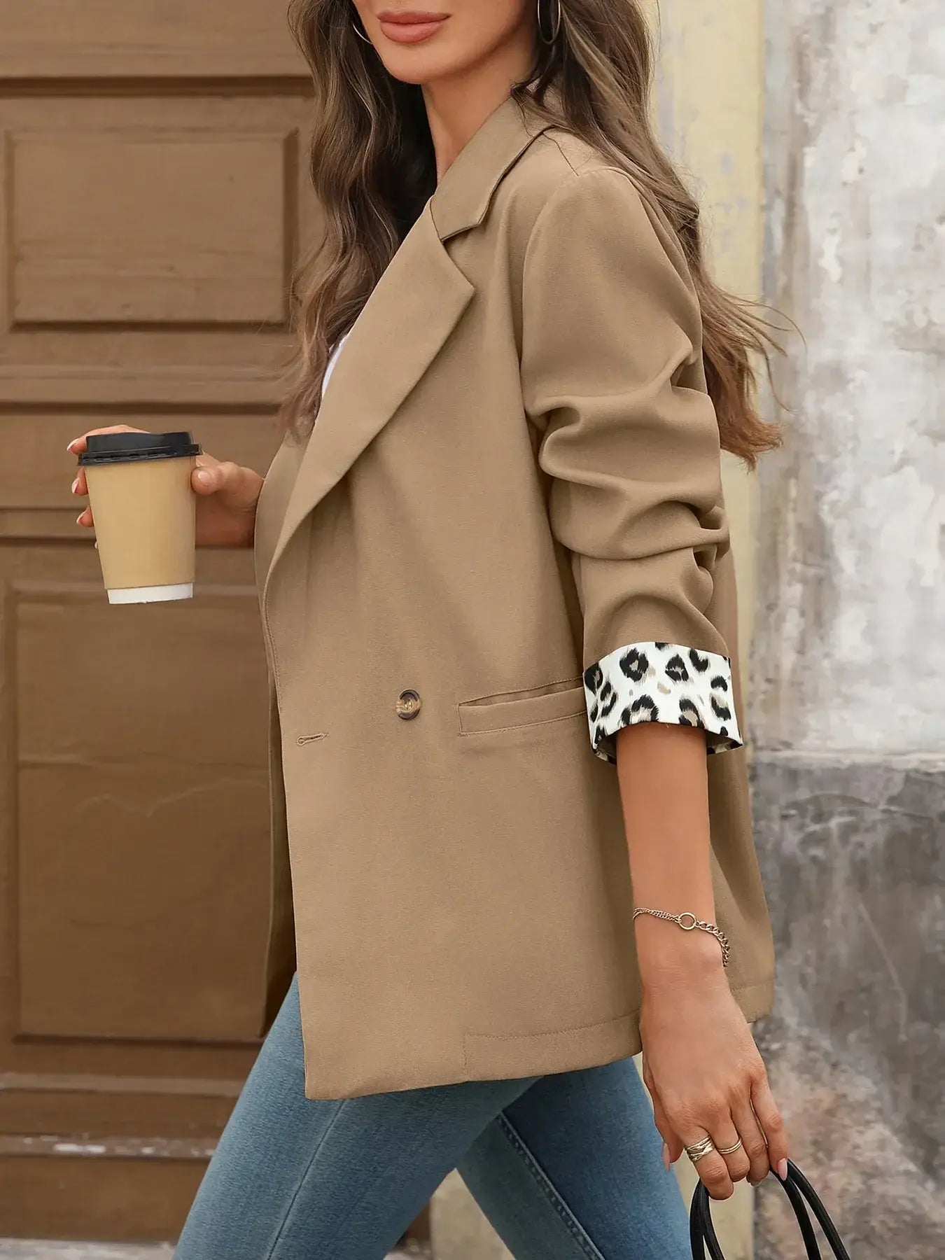 Lapel Collar Leopard Cuff Long Sleeve Blazer - Trendsi - Flyclothing LLC
