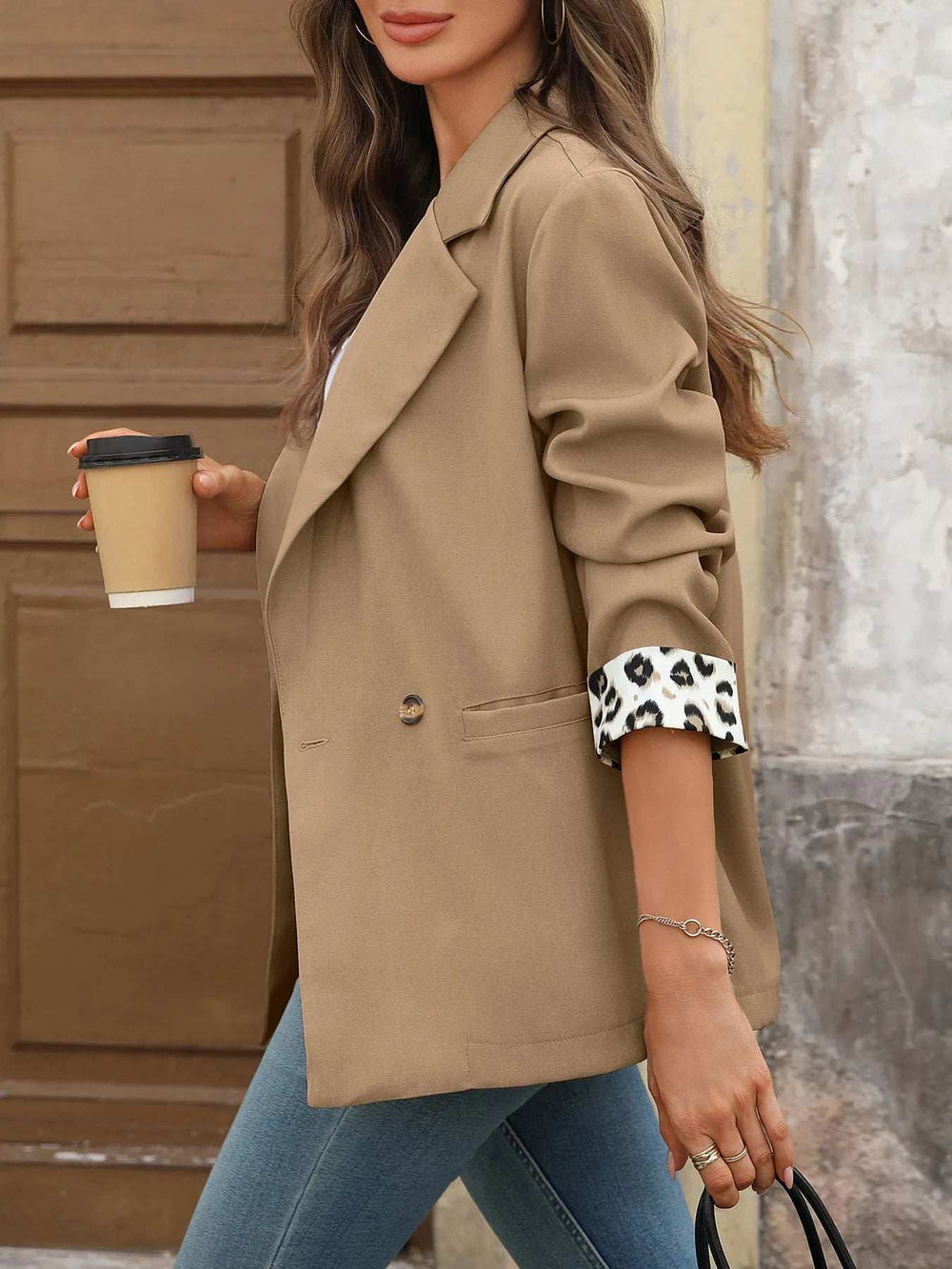 Lapel Collar Leopard Cuff Long Sleeve Blazer - Trendsi - Flyclothing LLC