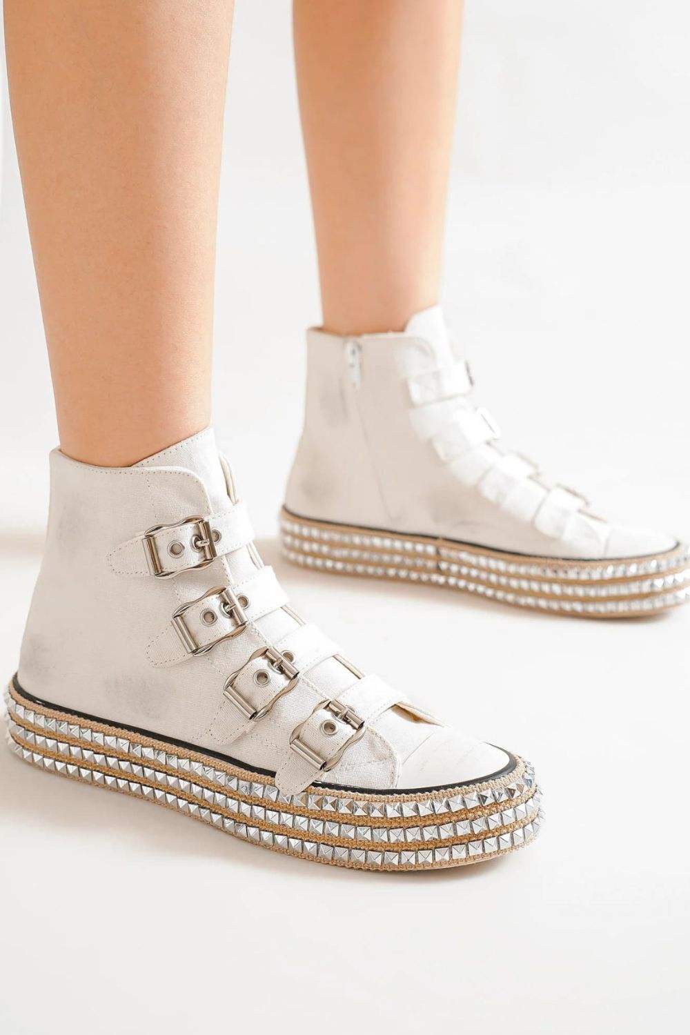 Beast Fashion Multi-Buckle Straps Studded Platform Sneakers - Trendsi - Flyclothing LLC