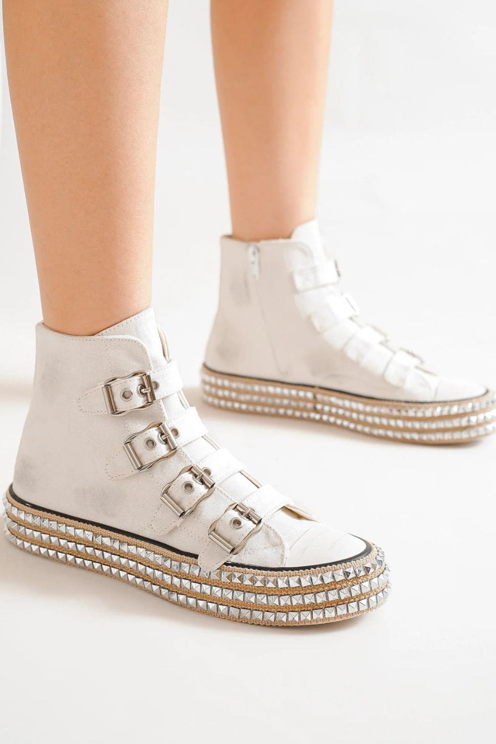 Beast Fashion Multi-Buckle Straps Studded Platform Sneakers - Trendsi