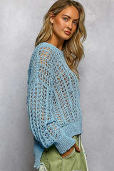 POL Openwork Round Neck High Low Knit Top - Trendsi - Flyclothing LLC