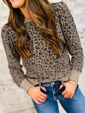 Ribbed Trim Leopard Print Long Sleeve Top - Trendsi - Flyclothing LLC