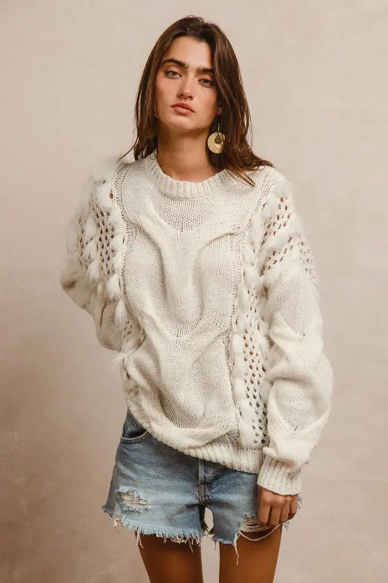 BiBi Faux Fur Detailed Pointelle Cable Knit Sweater - Trendsi - Flyclothing LLC