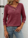 Ribbed V-Neck Long Sleeve T-Shirt - Trendsi - Flyclothing LLC