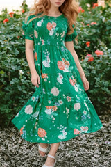 Floral Print Bubble Sleeve Smocked Tiered Midi Dress - Trendsi - Flyclothing LLC