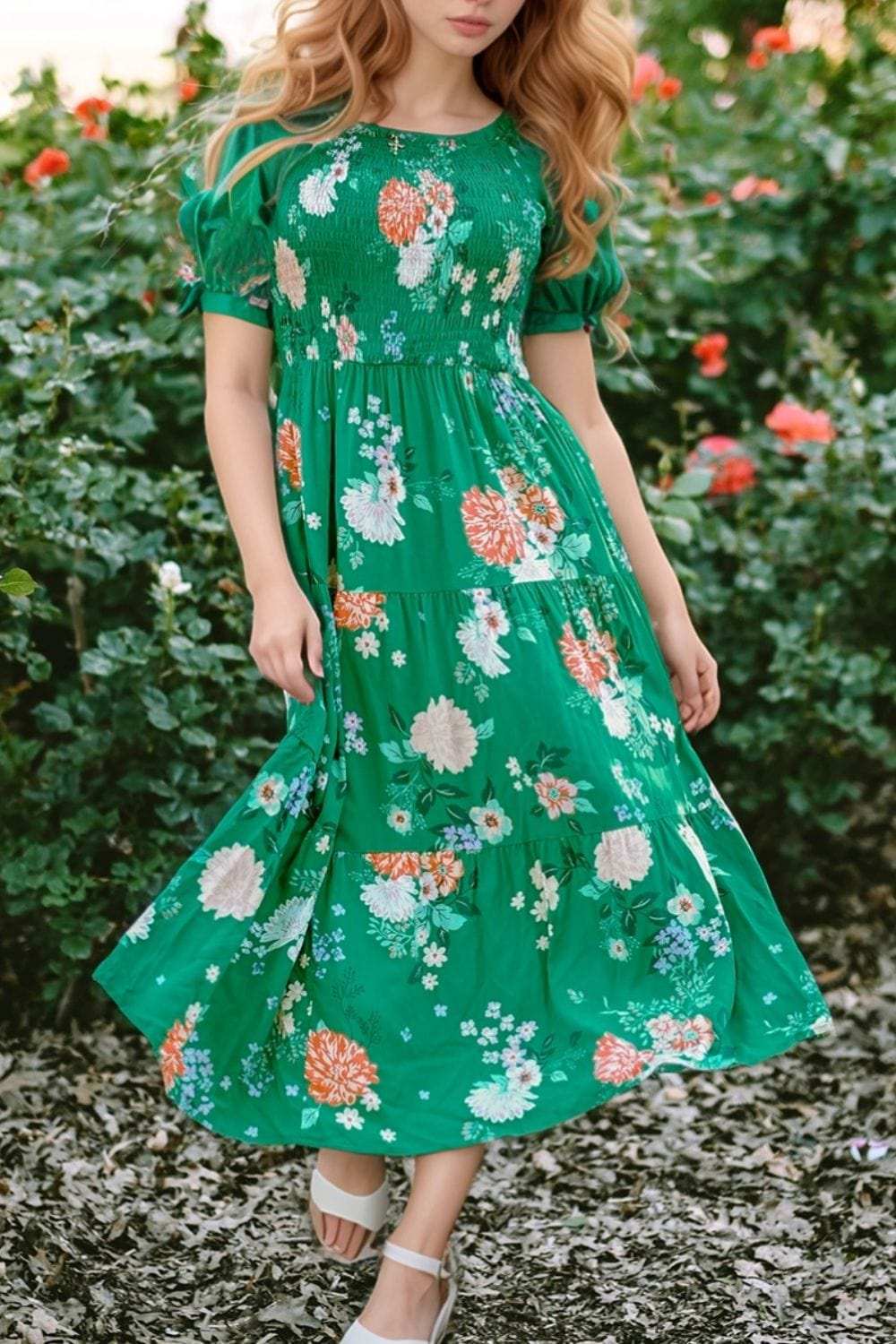 Floral Print Bubble Sleeve Smocked Tiered Midi Dress - Trendsi - Flyclothing LLC