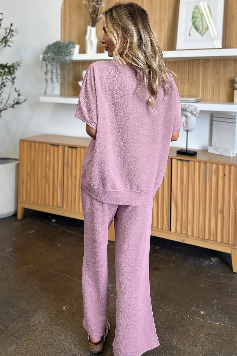 Double Take Full Size Texture Short Sleeve Top and Pants Set - Trendsi - Flyclothing LLC