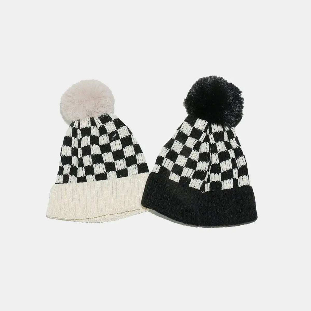 Checkered Knit Hat with Pompom - Trendsi - Flyclothing LLC