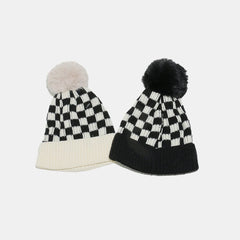 Checkered Knit Hat with Pompom - Trendsi