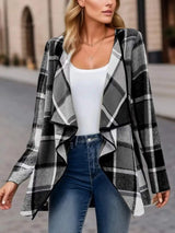 Plaid Open Front Long Sleeve Jacket - Trendsi - Flyclothing LLC