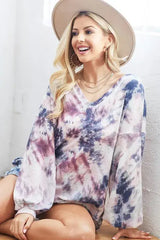BiBi Tie-Dye V-Neck Long Sleeve Waffle Top - Trendsi - Flyclothing LLC