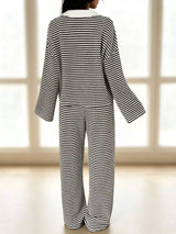 Striped Long Sleeve Polo and Wide-Leg Pants Set - Trendsi - Flyclothing LLC