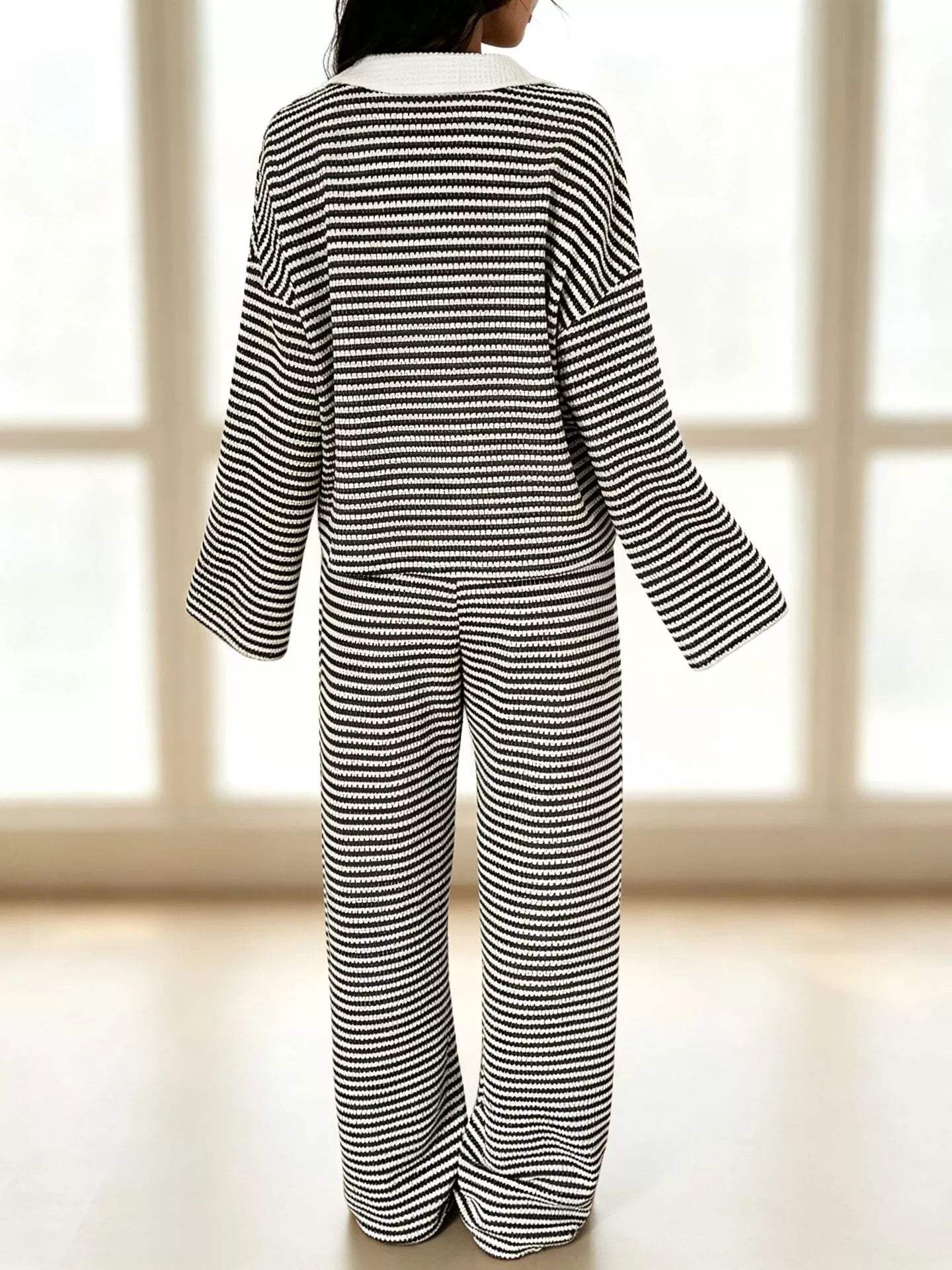 Striped Long Sleeve Polo and Wide-Leg Pants Set - Trendsi - Flyclothing LLC