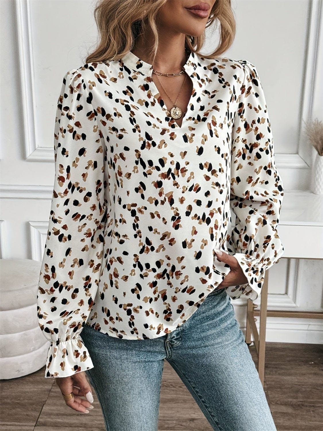 Printed Notched Flounce Sleeve Blouse - Trendsi