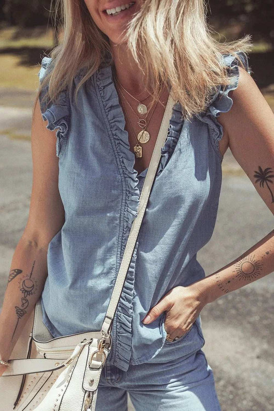 Frilly Ruffle Trim V Neck Chambray Tank - Trendsi - Flyclothing LLC
