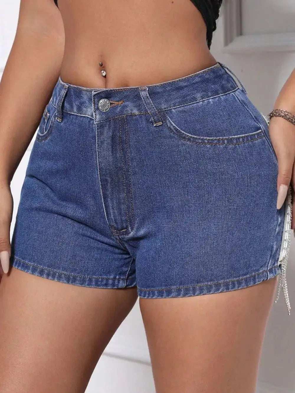 Fringe Back Denim Shorts with Pockets - Trendsi - Flyclothing LLC