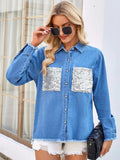 Raw Hem Button Up Long Sleeve Denim Jacket with Sequin Pockets - Trendsi - Flyclothing LLC