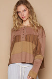 POL Half Button Color Block Drop Shoulder Knit Top - Trendsi