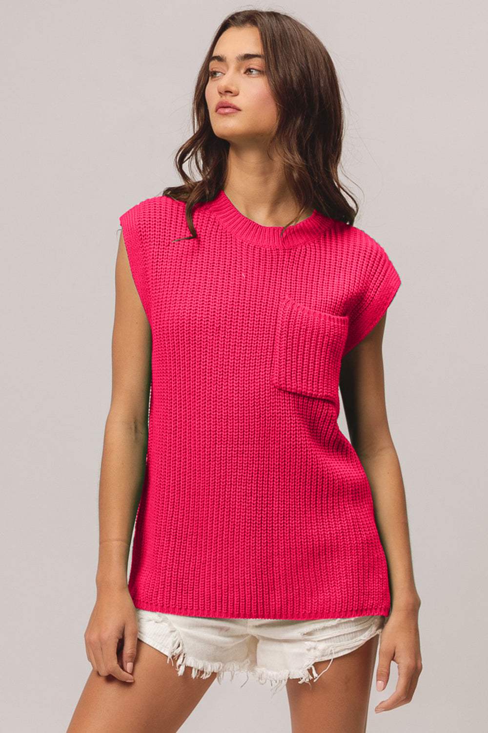 BiBi Patch Pocket Cap Sleeve Sweater Top - Trendsi - Flyclothing LLC