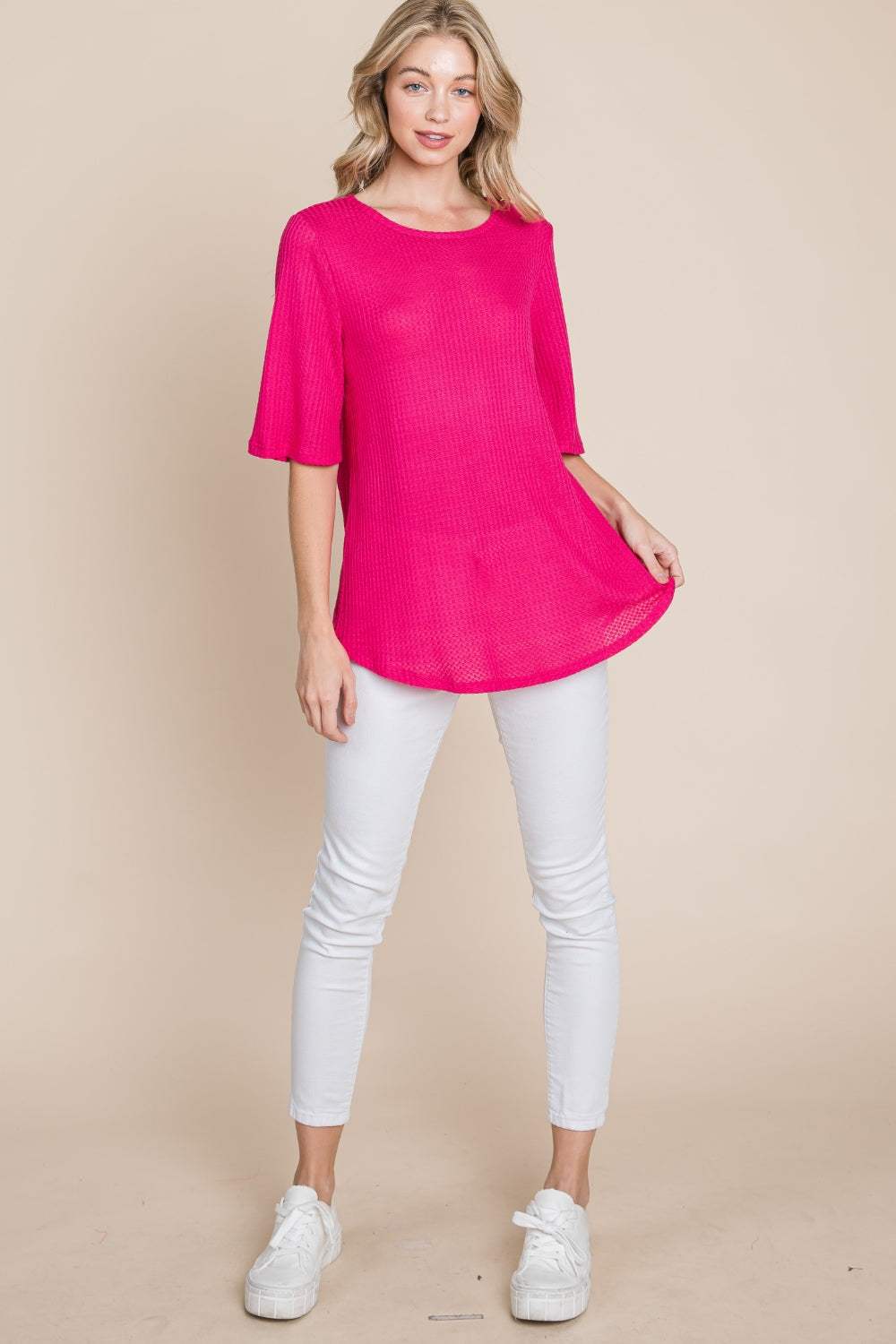 BOMBOM Round Neck Waffle Knit T-Shirt - Trendsi - Flyclothing LLC