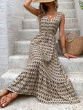 Printed V-Neck Tie Waist Midi Dress - Trendsi