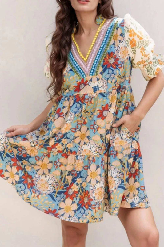 Printed Notched Flounce Sleeve Mini Dress - Trendsi - Flyclothing LLC