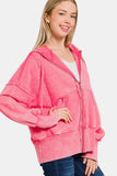 Zenana Acid Washed French Terry Zip-Up Hoodie with Pockets - Trendsi - Flyclothing LLC