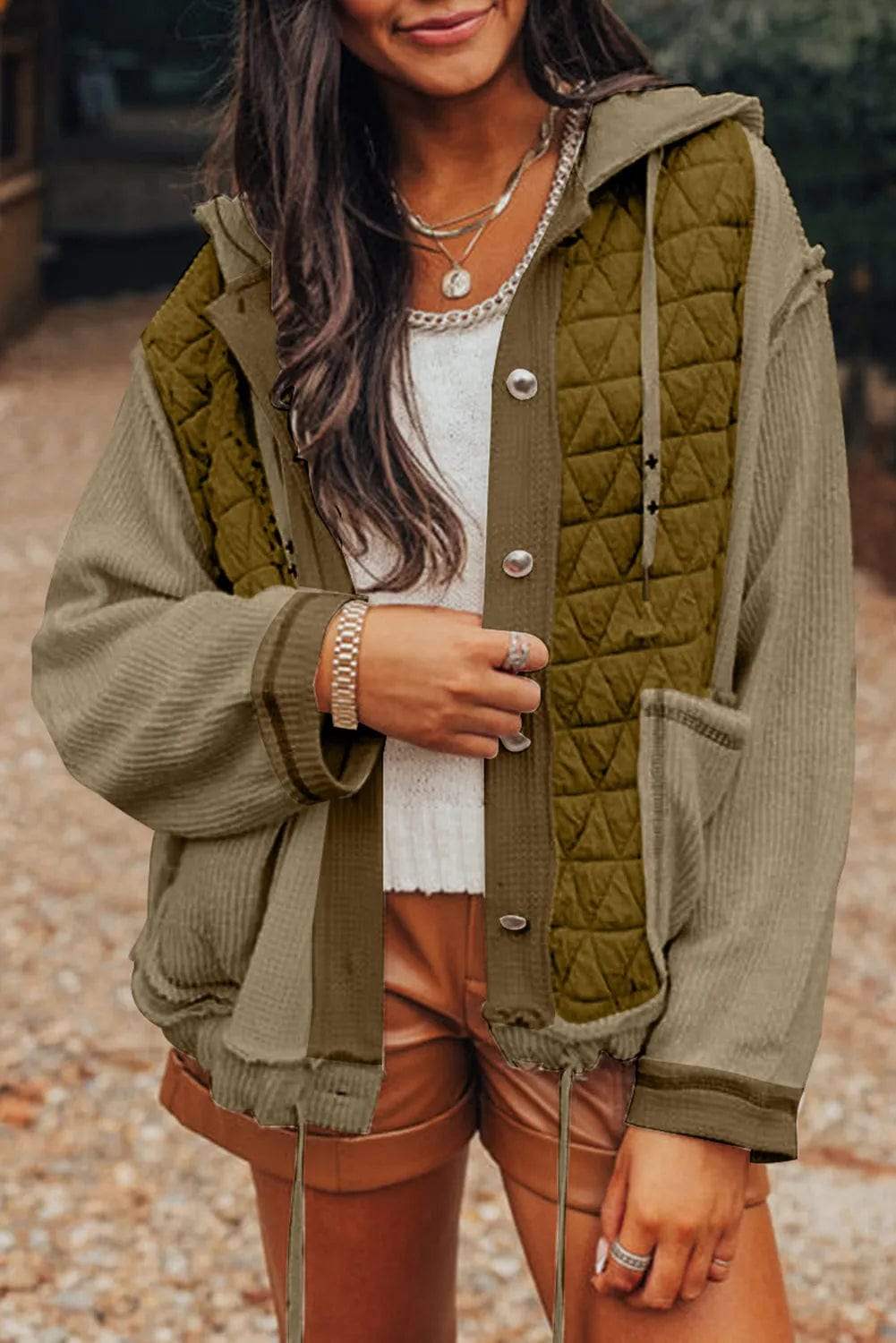 Drawstring Color Block Long Sleeve Jacket - Trendsi - Flyclothing LLC