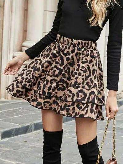 Ruffled Leopard Elastic Waist Skirt - Trendsi - Flyclothing LLC