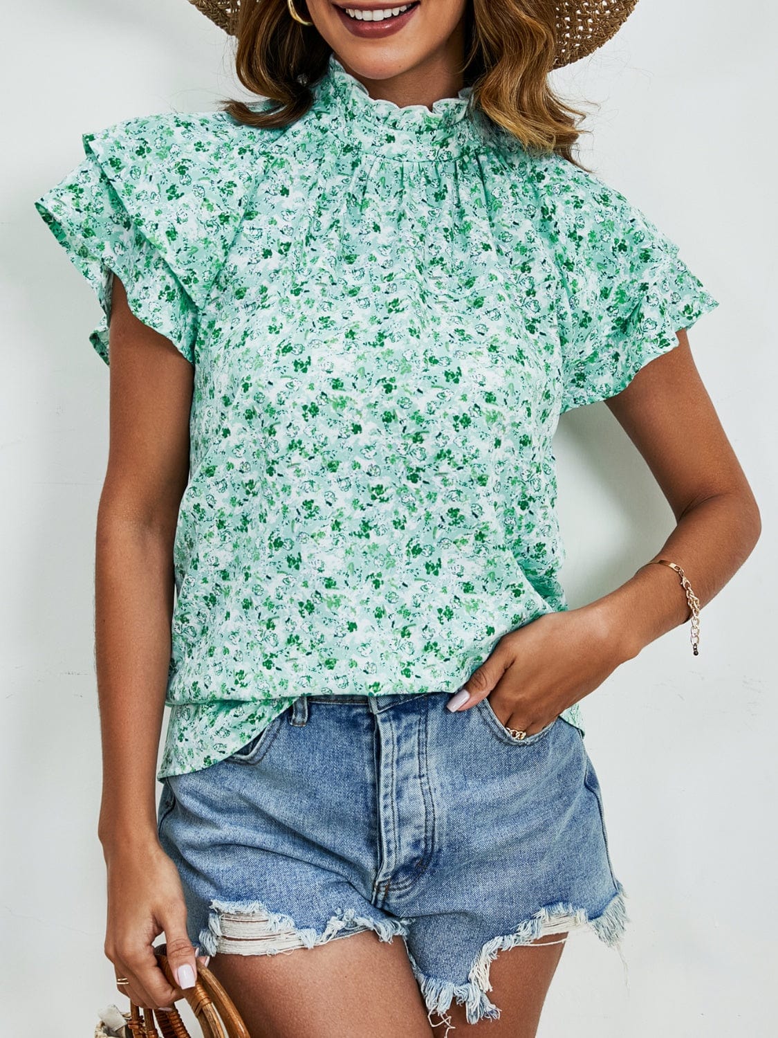 Ditsy Floral Mock Neck Flounce Sleeve Blouse - Trendsi