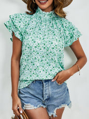Ditsy Floral Mock Neck Flounce Sleeve Blouse - Trendsi