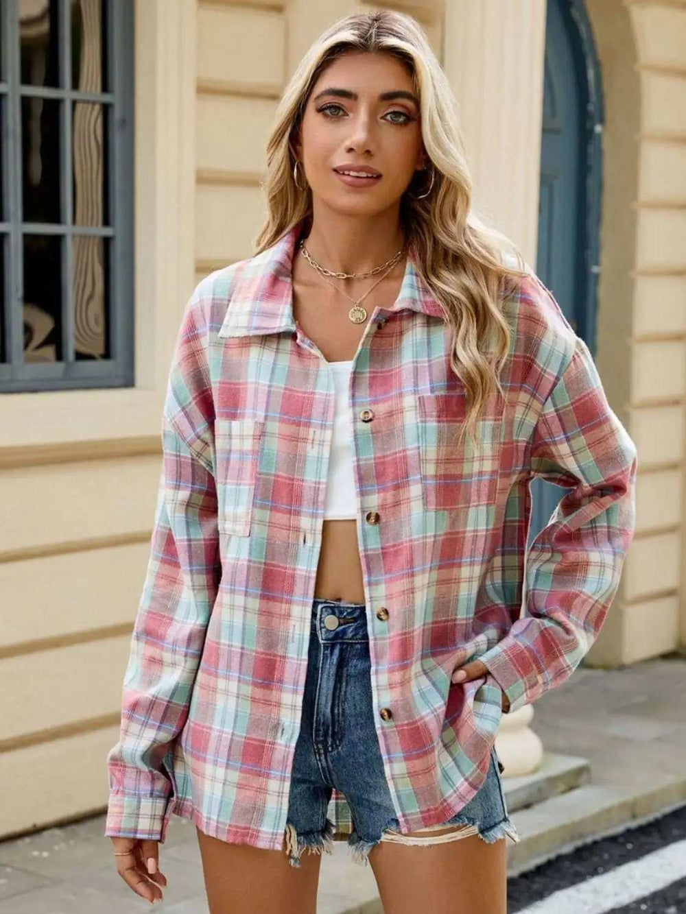 Plaid Collared Neck Long Sleeve Shirt - Trendsi - Flyclothing LLC