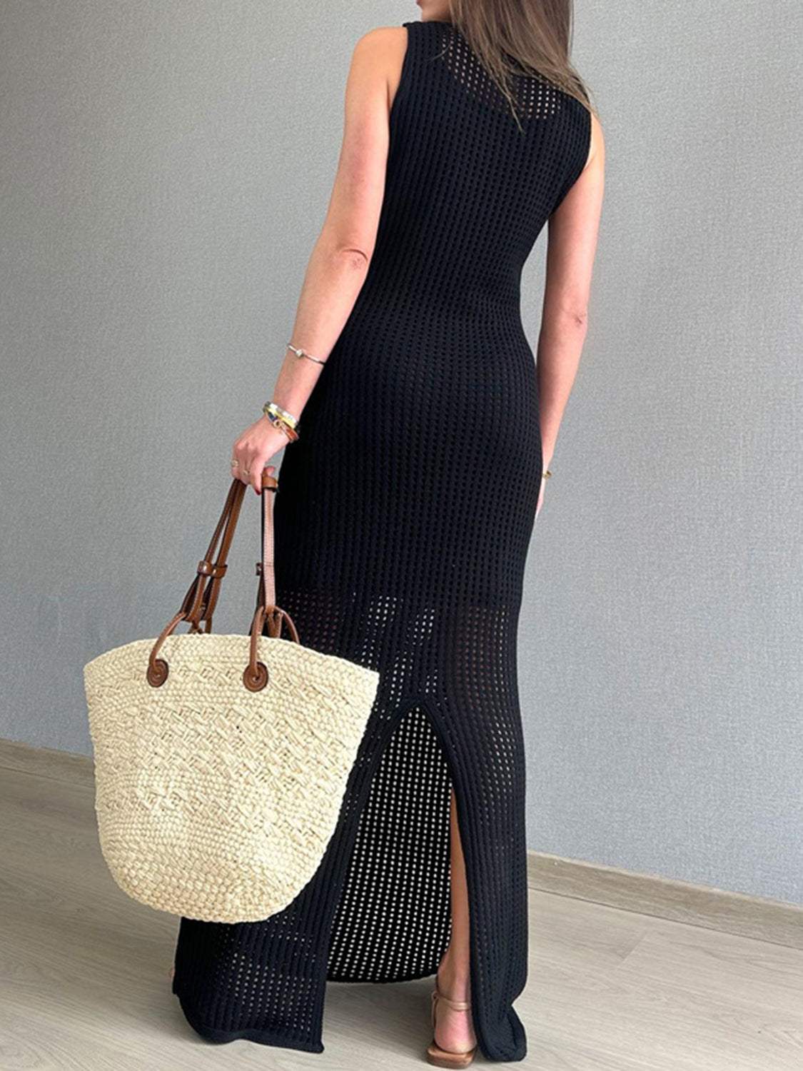 Openwork Slit Round Neck Cover-Up - Trendsi - Flyclothing LLC