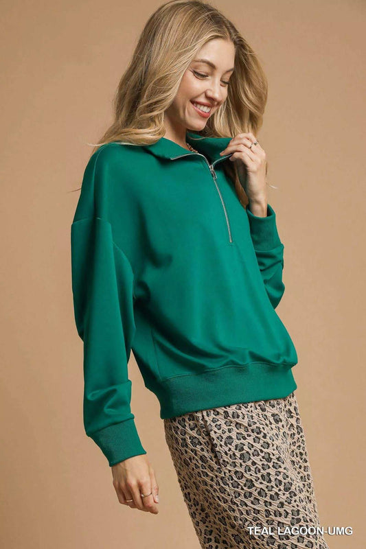 Umgee Half Zip Drop Shoulder Sweatshirt - Trendsi - Flyclothing LLC