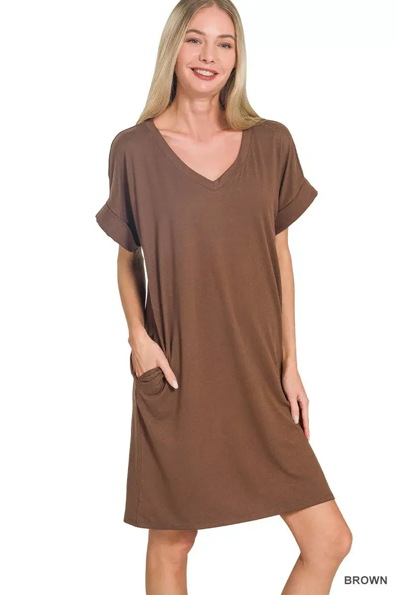 Zenana Brushed Dty Rolled Short Sleeve V-Neck Dress - Trendsi - Flyclothing LLC
