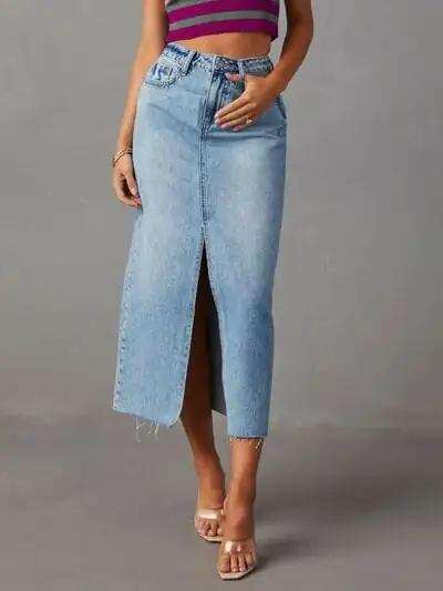 Raw Hem Front Slit Denim Midi Skirt - Trendsi - Flyclothing LLC